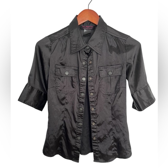 Vintage Y2K Plastic Black Satin-like Button-Up Shirt size small - Picture 1 of 5